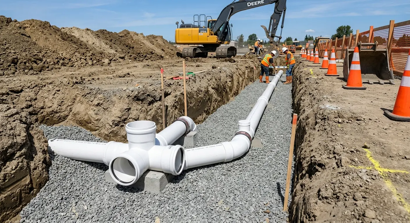 New PVC sewer pipe installation in open trench for Sewer Backup in Reserve