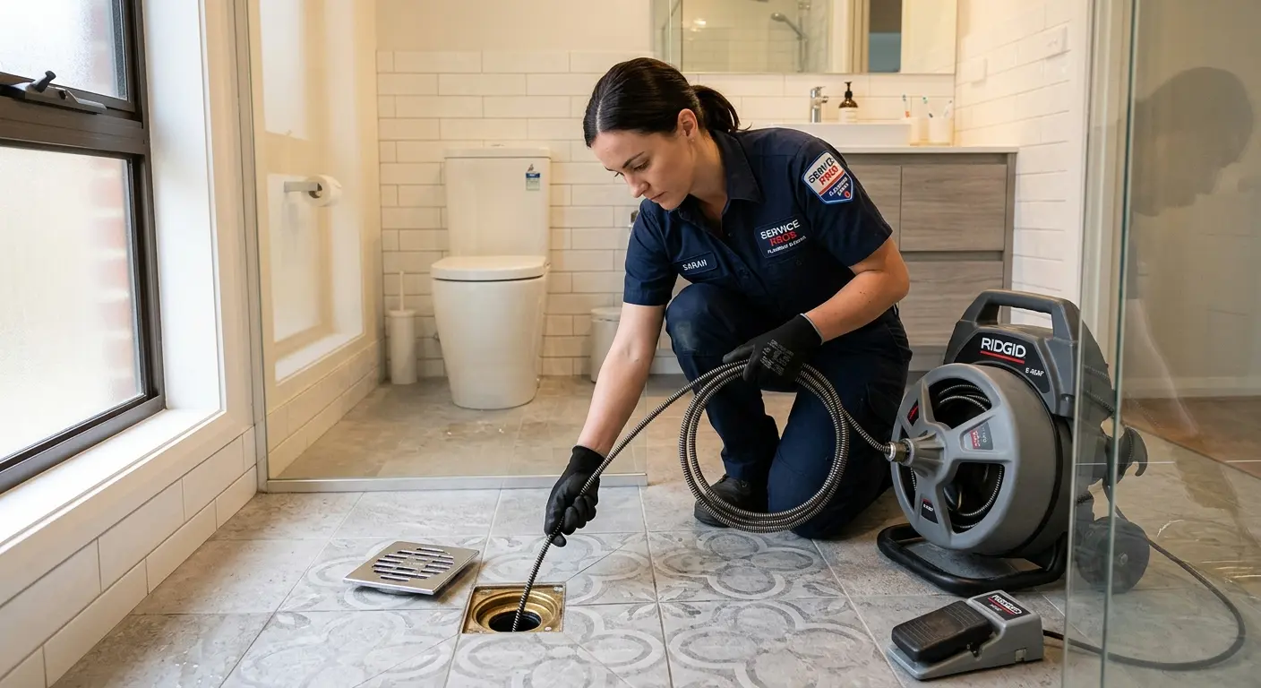 Technician clearing a bathroom floor drain for Drain Cleaning in Reserve